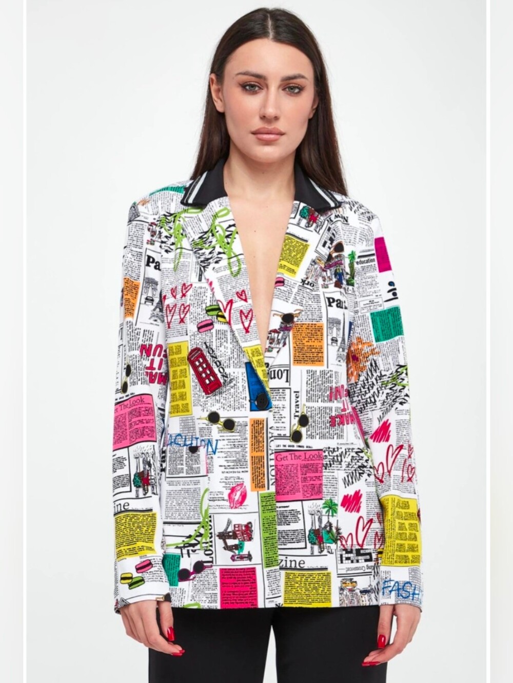Joseph Ribkoff Multicolor Newspaper-Print Blazer, Black Notch Collar, Size 12 - Picture 8 of 9